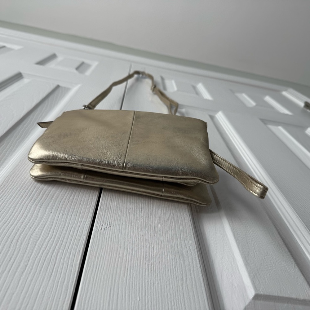 Genuine Leather Shoulder Bag Champagne Gold Metallic Neutral Evening Crossbody